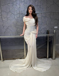 Ivory Off Shoulder Ruched Mermaid Evening Dress Bodycon Formal Prom Gown Ms2604181