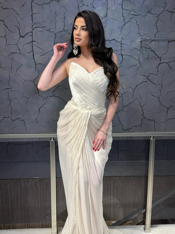 Ivory Strapless Pleated Evening Dress Ruched Mermaid Formal Prom Dress Ms2604271