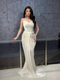 Ivory Strapless Pleated Evening Dress Ruched Mermaid Formal Prom Dress Ms2604271