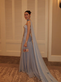 Strapless Prom Dress Plested Evening Dresses with Long Draped Cape Ms2604143