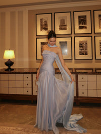 Strapless Prom Dress Plested Evening Dresses with Long Draped Cape Ms2604143