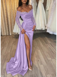 Sequin Long Sleeve Prom Dress Off Shoulder Satin Slit Party Gown Mermaid Evening Dress Ms205111