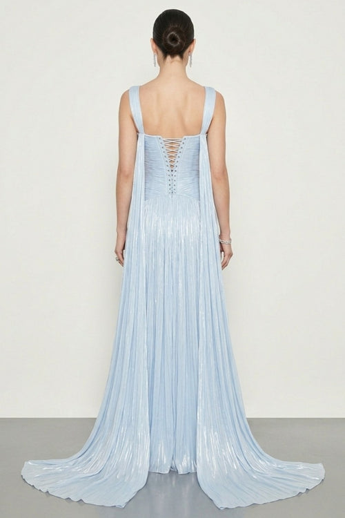 Sexy Pleated Evening Dress V Neck Formal Gown High Slit Backless Prom Dress Ms2605262