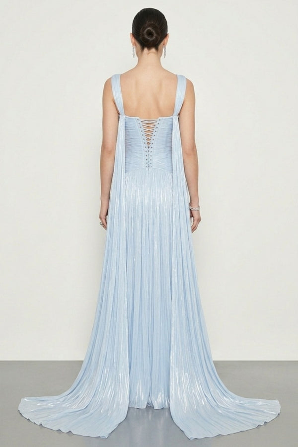 Sexy Pleated Evening Dress V Neck Formal Gown High Slit Backless Prom Dress Ms2605262