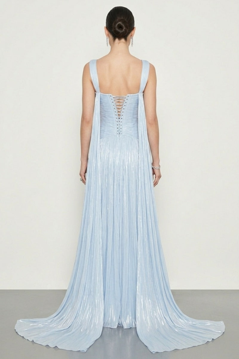 Sexy Pleated Evening Dress V Neck Formal Gown High Slit Backless Prom Dress Ms2605262