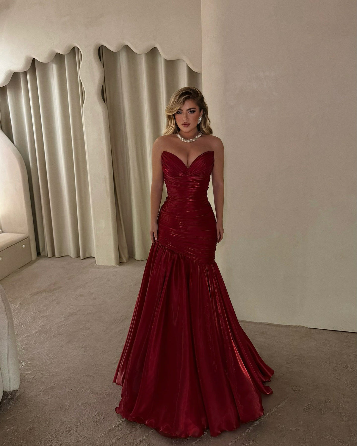 Burgundy Sweetheart Mermaid Prom Dresses Shiny Ruched Formal Evening Gown Ms2604175