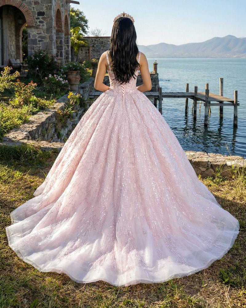 Pink Quinceanera Dress Sequin Beaded Ball Gown Sparkly Princess Prom Dress Ms2605123