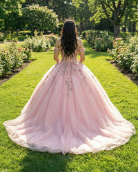 Pink Quinceanera Dress Off Shoulder Corset 3D Flower Lace Appliques Glitter Sweet 16 Gown Ms2605113