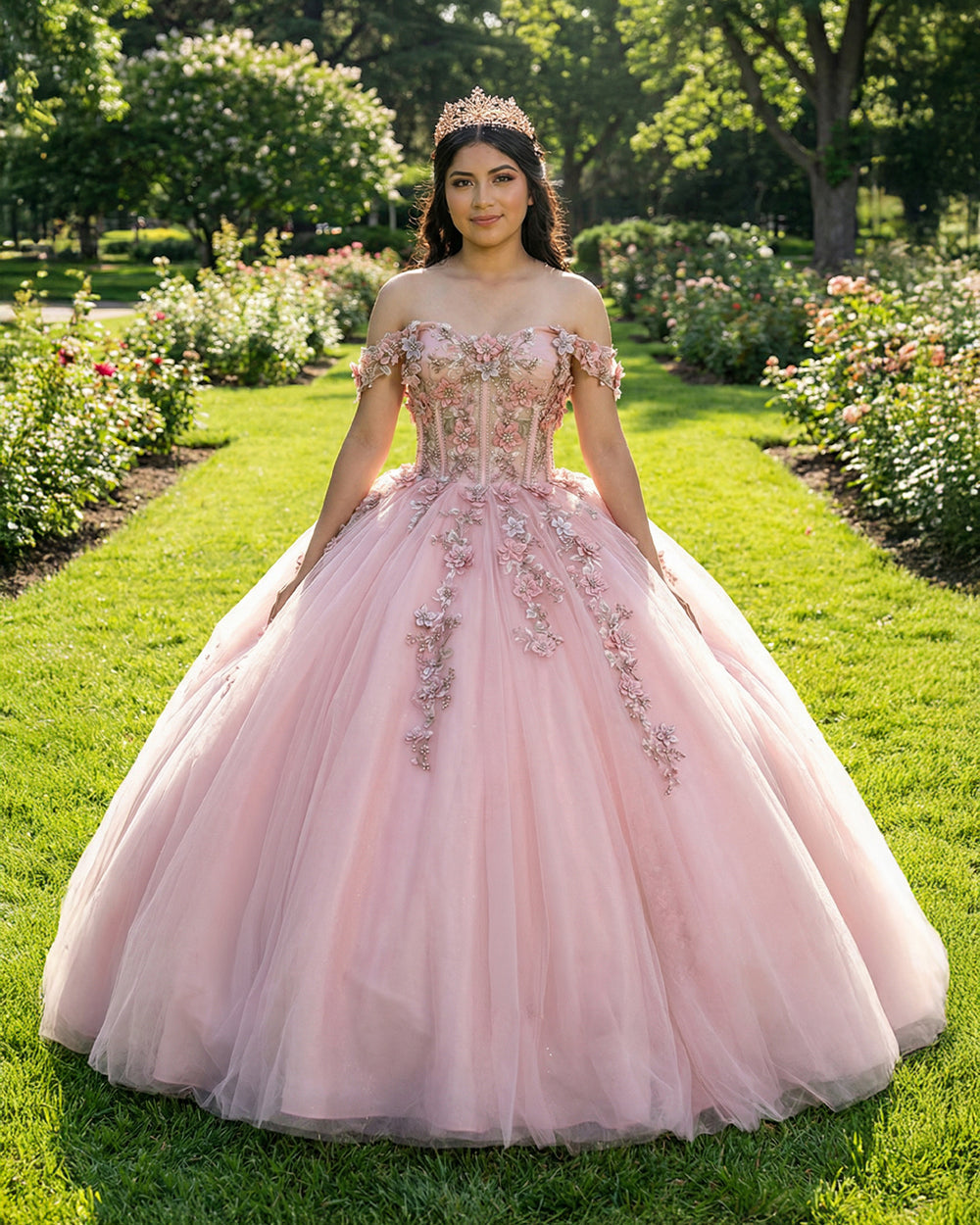pink lace quinceanera dresses Pink Quinceanera Dress Off Shoulder Corset 3D Flower Lace Appliques Gl –  Msikoods Official Store