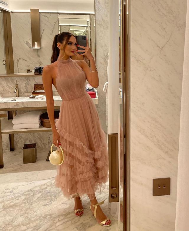 Tulle Cocktail Dress Halter Backless Tea Length Ruffle Tiered Party Dress Wedding Guest Dress Ms2607165