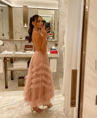 Tulle Cocktail Dress Halter Backless Tea Length Ruffle Tiered Party Dress Wedding Guest Dress Ms2607165