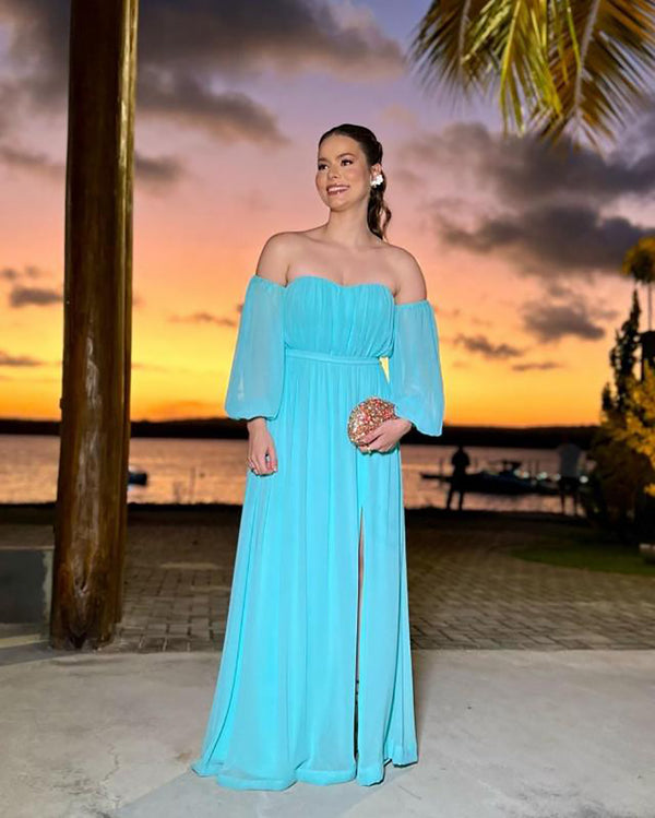 Off Shoulder Prom Dress Long Sleeve High Slit A Line Evening Gown Formal Occasion Dress Ms2607205
