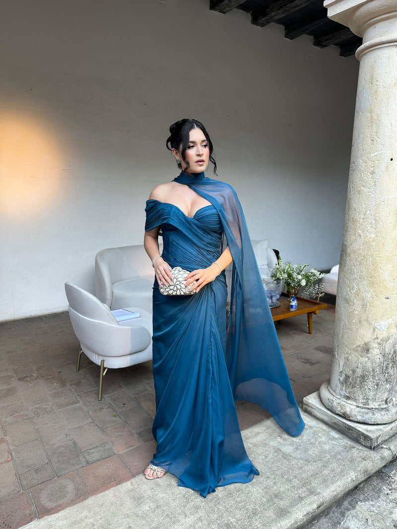 Chiffon Evening Dress One Shoulder Draped Cape Party Gown Ruched Prom Dress Ms2607032