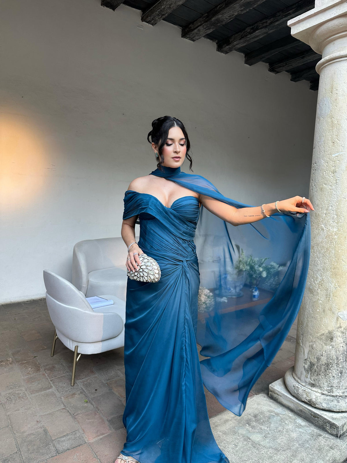 Chiffon Evening Dress One Shoulder Draped Cape Party Gown Ruched Prom Dress Ms2607032