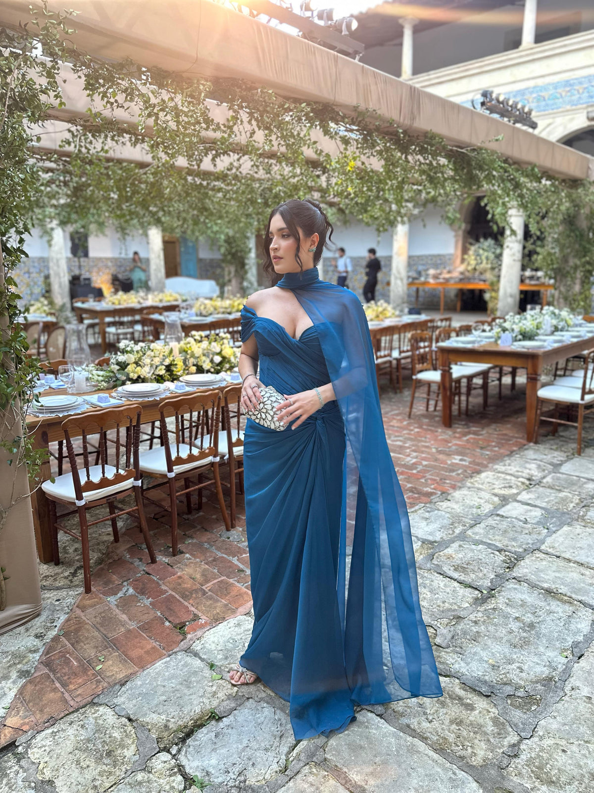 Chiffon Evening Dress One Shoulder Draped Cape Party Gown Ruched Prom Dress Ms2607032