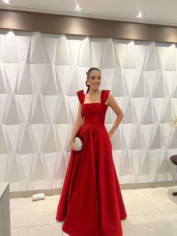 Red Satin Evening Dress Square Neck A Line Prom Dress Formal Party Dress Ms2607101