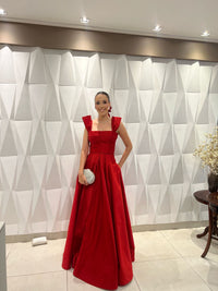 Red Satin Evening Dress Square Neck A Line Prom Dress Formal Party Dress Ms2607101