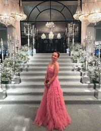 Pink Tulle Evening Dress Strapless Tiered A Line Prom Dress Party Gown Ms2607103