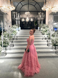 Pink Tulle Evening Dress Strapless Tiered A Line Prom Dress Party Gown Ms2607103