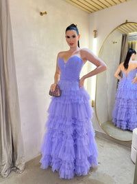 Lavender Tulle Prom Dress Sweetheart Pleated Tiered Ruffle Ball Gown Formal Evening Dress Ms260774