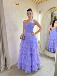 Lavender Tulle Prom Dress Sweetheart Pleated Tiered Ruffle Ball Gown Formal Evening Dress Ms260774