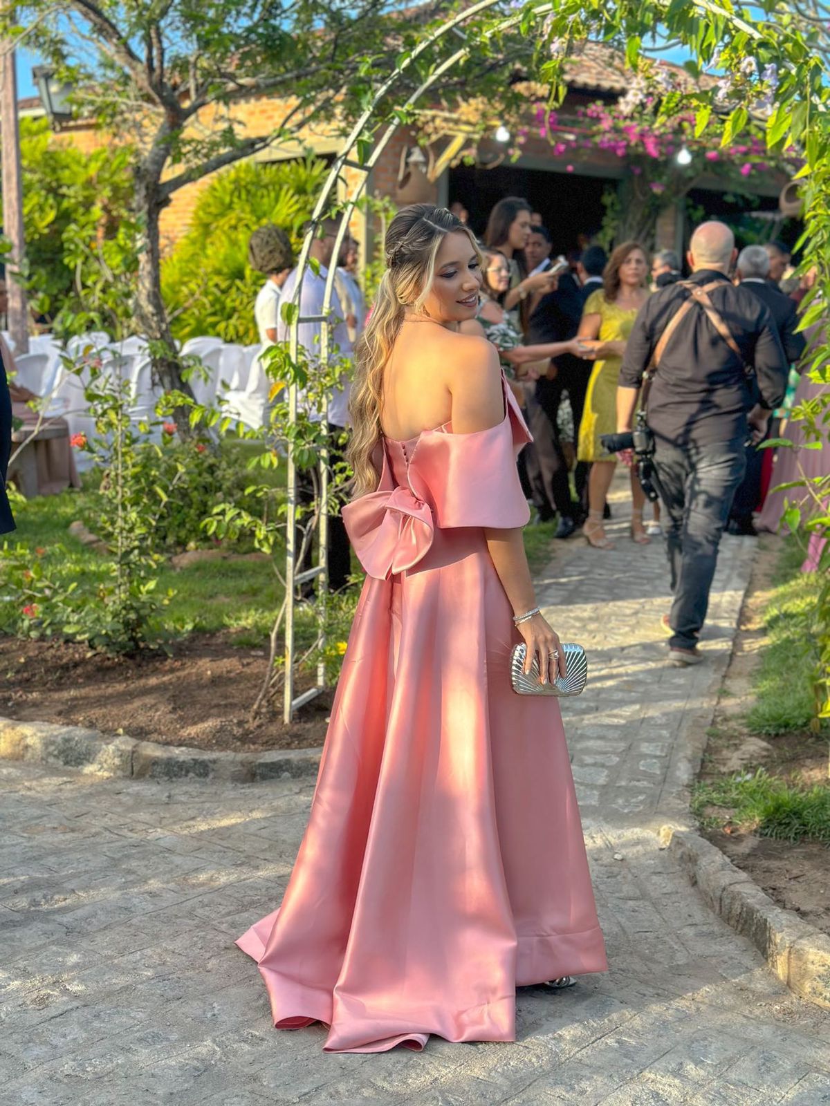 Dusty Pink Satin Prom Dress Off Shoulder High Slit A Line Bow Wedding Guest Dress Ms2607111