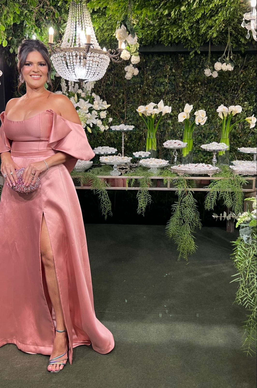 Dusty Pink Satin Prom Dress Off Shoulder High Slit A Line Bow Wedding Guest Dress Ms2607111