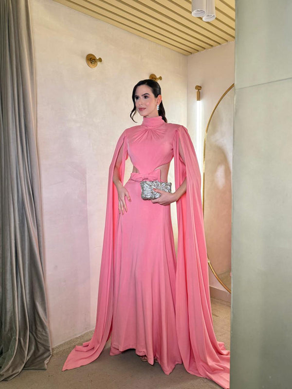 Cape Sleeve Backless Chiffon Prom Dress High Neck Evening Gown Long Formal Dress Ms2606236