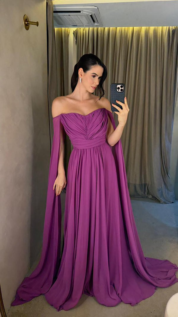 Off Shoulder Evening Dress A Line Cape Sleeve Pleated Chiffon High Slit Prom Dress Ms2606235