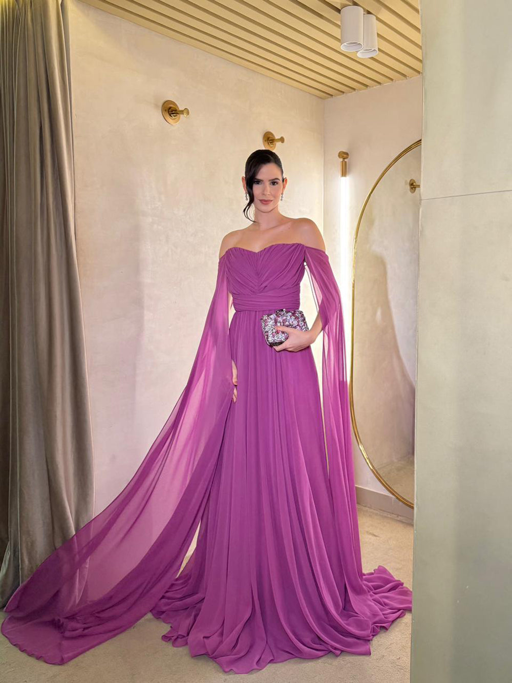 Off Shoulder Evening Dress A Line Cape Sleeve Pleated Chiffon High Slit Prom Dress Ms2606235