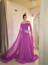 Off Shoulder Evening Dress A Line Cape Sleeve Pleated Chiffon High Slit Prom Dress Ms2606235