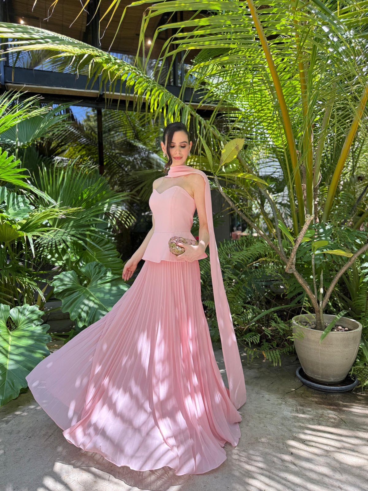 Pink Sweetheart Pleated Evening Dress Scarf Peplum Prom Dress for Wedding Guest Ms2607015