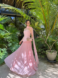 Pink Sweetheart Pleated Evening Dress Scarf Peplum Prom Dress for Wedding Guest Ms2607015
