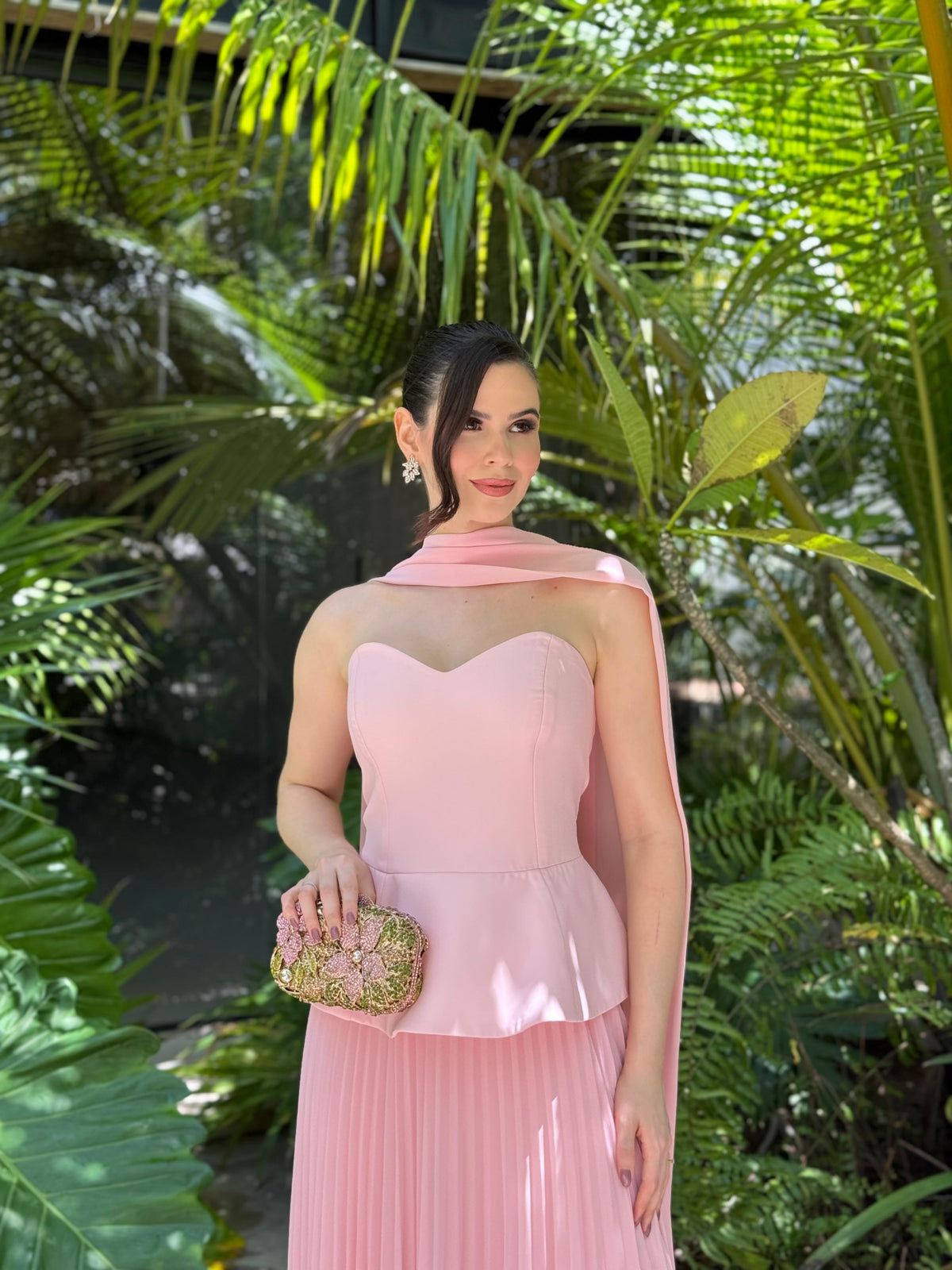 Pink Sweetheart Pleated Evening Dress Scarf Peplum Prom Dress for Wedding Guest Ms2607015