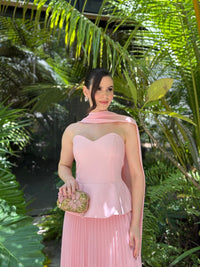 Pink Sweetheart Pleated Evening Dress Scarf Peplum Prom Dress for Wedding Guest Ms2607015