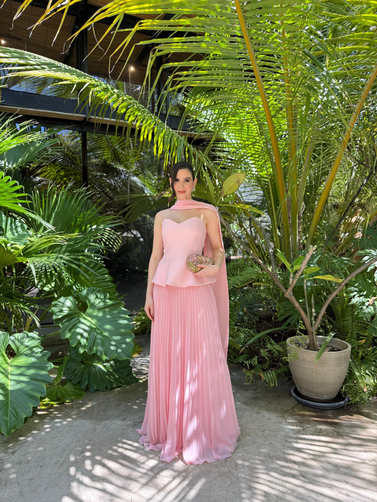 Pink Sweetheart Pleated Evening Dress Scarf Peplum Prom Dress for Wedding Guest Ms2607015