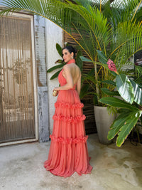 Halter Neck Prom Dress 3D Floral Ruffle Pleated Chiffon Evening Dress Wedding Guest Dress Ms2607014