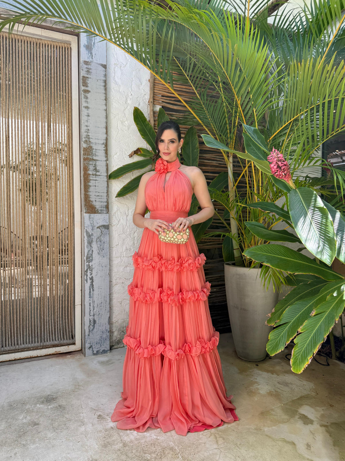 Halter Neck Prom Dress 3D Floral Ruffle Pleated Chiffon Evening Dress Wedding Guest Dress Ms2607014