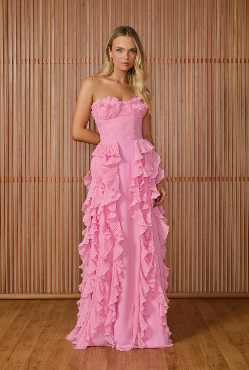 Pink Strapless Evening Dresses Pleated Ruffle Formal Occasion Dress Prom Gown Ms2607031