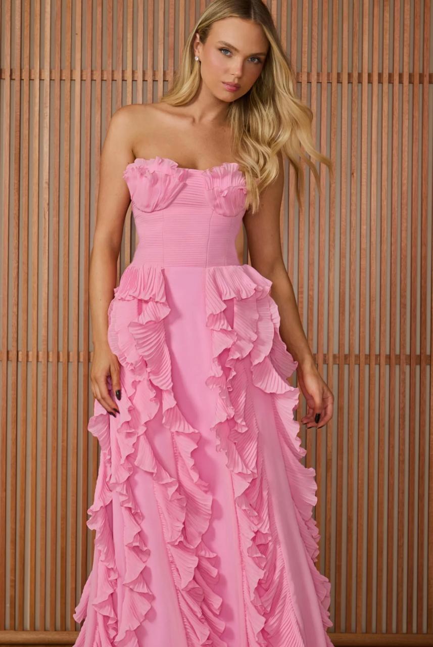 Pink Strapless Evening Dresses Pleated Ruffle Formal Occasion Dress Prom Gown Ms2607031