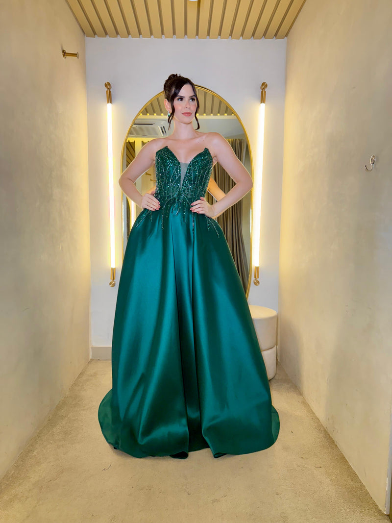 Green Sweetheart Beaded Sequins Satin Prom Dress A Line Evening Dress Party Gown Ms2607035