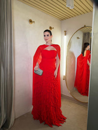 Red Strapless Prom Dress Chiffon Cape Ruffle Tiered Luxury Formal Evening Gowns Ms2606243