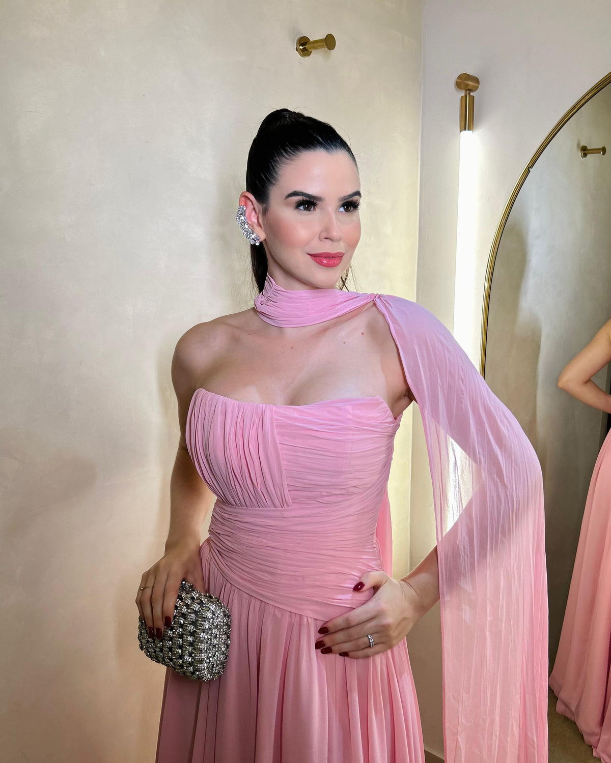 Pink Chiffon Evening Dress Strapless Ruched High Slit A Line Prom Dress Scarf Wedding Guest Dress Ms2607166