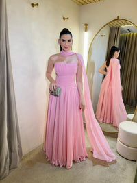 Pink Chiffon Evening Dress Strapless Ruched High Slit A Line Prom Dress Scarf Wedding Guest Dress Ms2607166