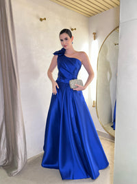 Royal Blue Satin Prom Dress One Shoulder Flower A Line Evening Dress Formal Dress Ms2607071