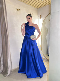 Royal Blue Satin Prom Dress One Shoulder Flower A Line Evening Dress Formal Dress Ms2607071
