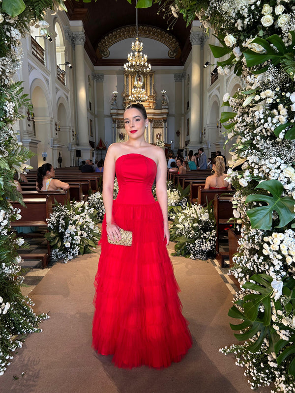 Red Tulle Evening Dress Strapless Tiered A Line Layered Prom Dress Wedding Guest Dress Ms2607104