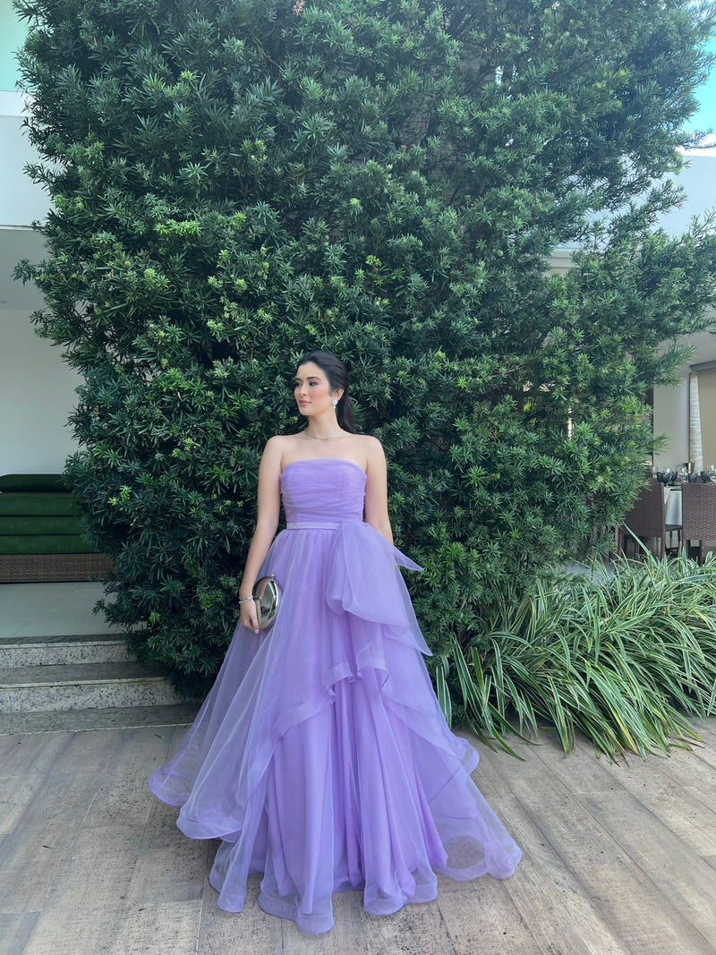 Lavender Strapless Tulle A Line Layered Evening Dress Ruffle Prom Gown Ms2606283