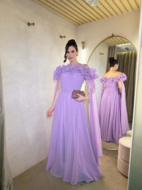 Lavender Off Shoulder Luxury Prom Dress Ruffle A Line Pleated Evening Dress Ms2606285