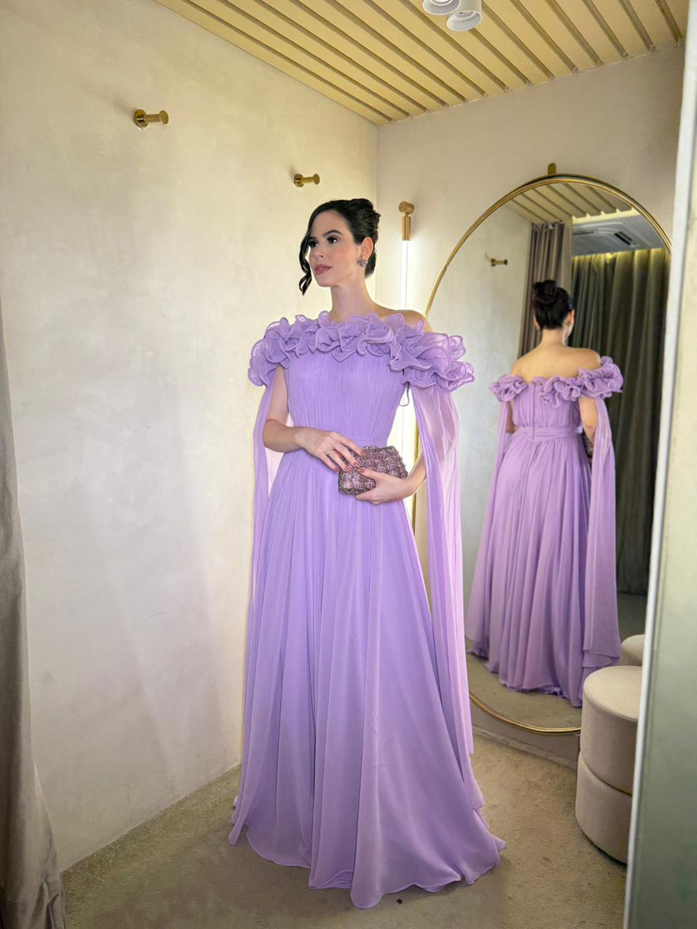 Lavender Off Shoulder Luxury Prom Dress Ruffle A Line Pleated Evening Dress Ms2606285